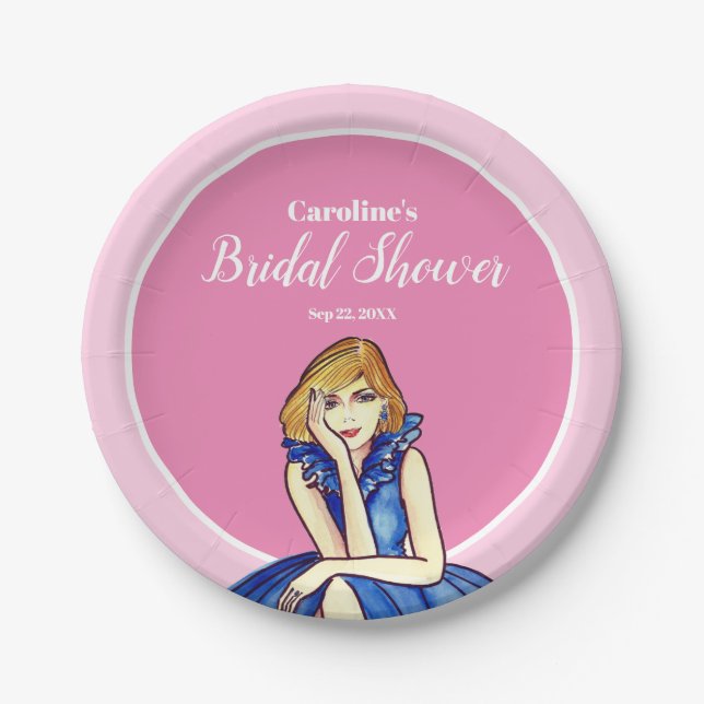 Plato De Papel Ilustración de moda de vestido de cóctel azul real (Anverso)