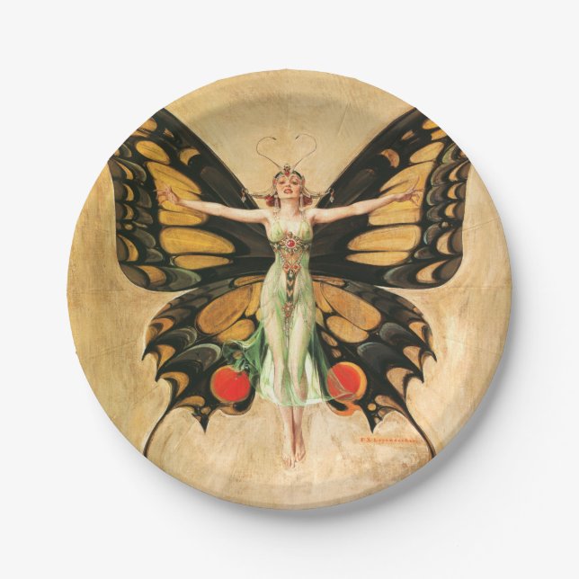 Plato De Papel Ilustración de mujer Leyendecker mariposa Flapper (Anverso)