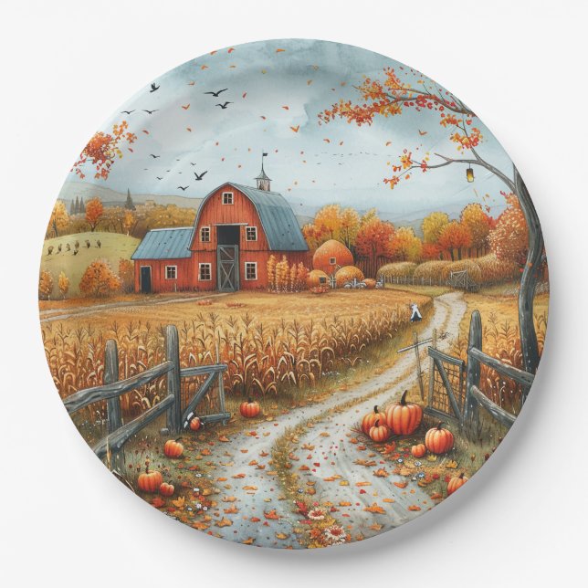 Plato De Papel Ilustracion de otoño de un granero rojo rústico (Anverso)