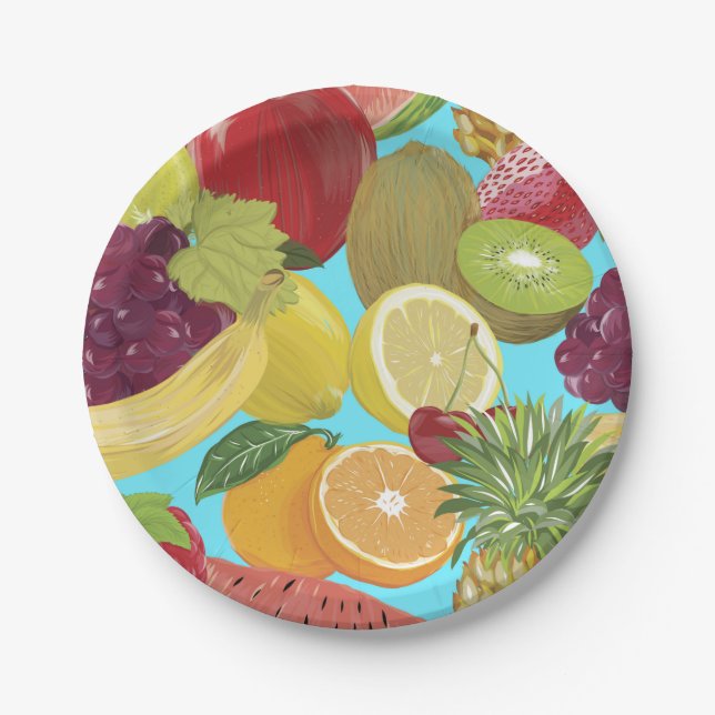 Plato De Papel Ilustración de patrón de frutas tropicales mixtas (Anverso)