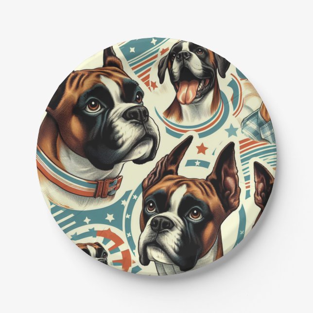 Plato De Papel Ilustracion de perro de Boxer sin costura (Anverso)