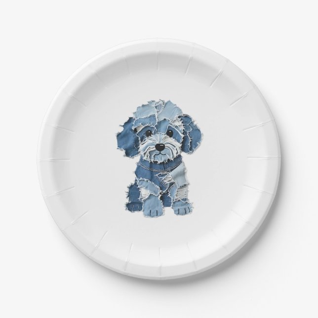 Plato De Papel Ilustracion de perro de felpa de Denim (Anverso)