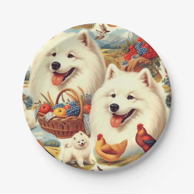 Plato De Papel Ilustracion de perro Samoyed de época (Anverso)