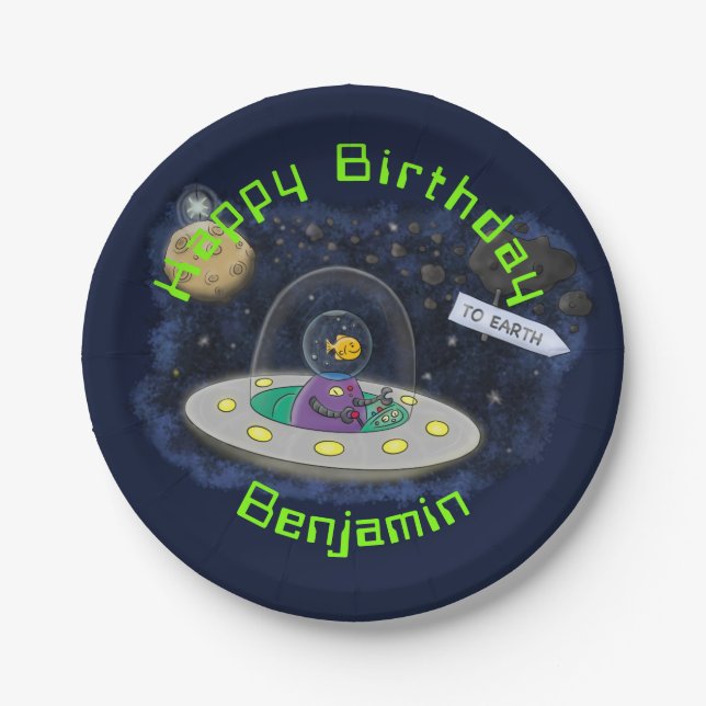 Plato De Papel Ilustracion de personalizado de barco espacial UFO (Anverso)