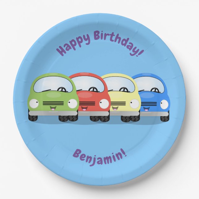 Plato De Papel Ilustracion de personalizado de coche rojo feliz (Anverso)