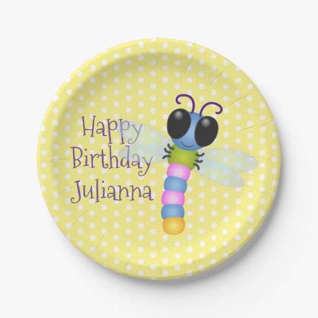 Plato De Papel Ilustracion de personalizado de libélula azul y ro (Anverso)