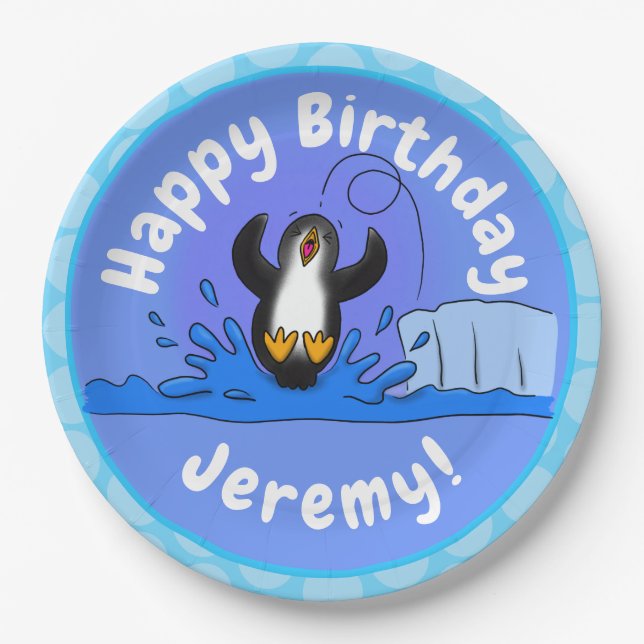 Plato De Papel Ilustracion de personalizado de pingüino puenteado (Anverso)