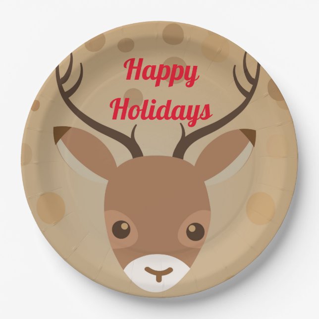 Plato De Papel ilustracion de renos sobre fondo marrón (Anverso)