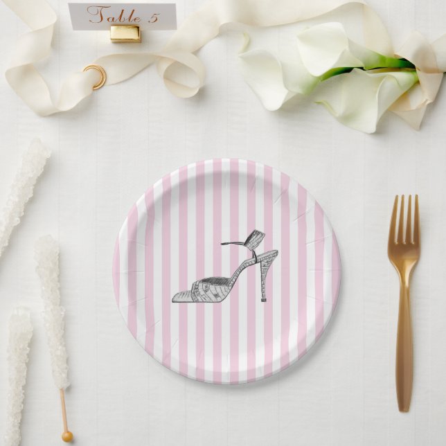 Plato De Papel Ilustración de zapato moda raya rosa (Boda)