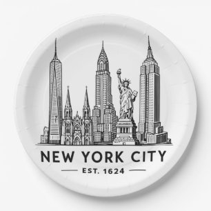 Plato De Papel Ilustración del horizonte de NYC con la Estatua de