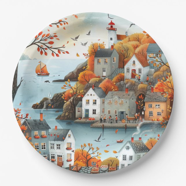 Plato De Papel Ilustracion del pueblo costero de otoño (Anverso)