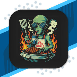 Plato De Papel Ilustración divertida de barbacoa alienígena, retr