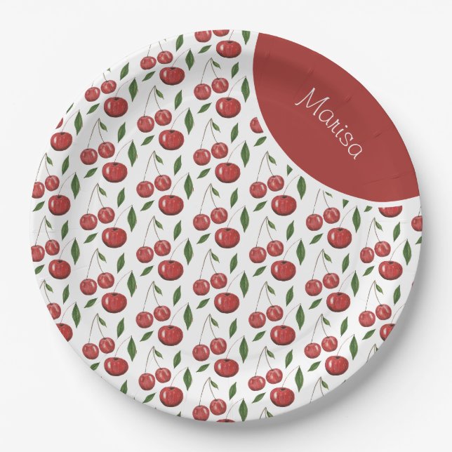 Plato De Papel Ilustración en acuarela de cerezas dulces (Anverso)