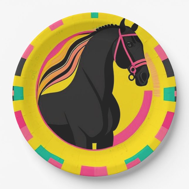 Plato De Papel Ilustración estilizada de caballo negro (Anverso)