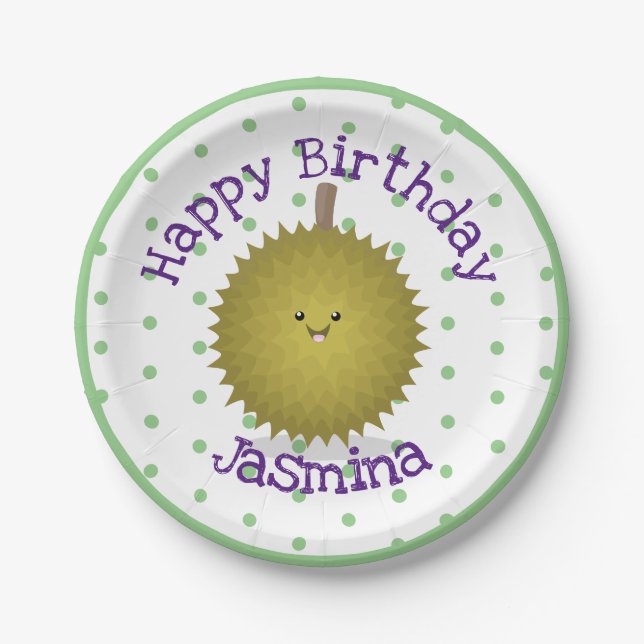 Plato De Papel Ilustracion feliz personalizado duriano (Anverso)