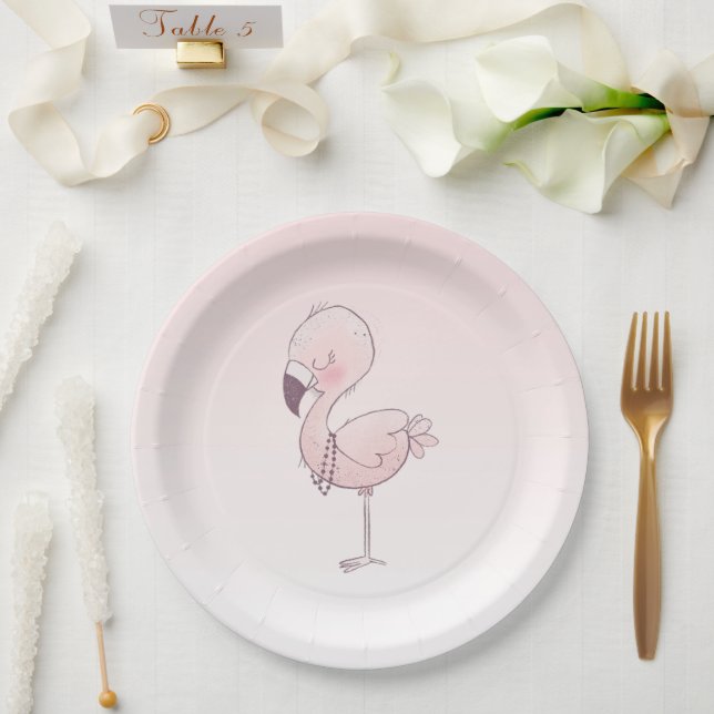 Plato De Papel Ilustracion Flamingo Rosa (Boda)