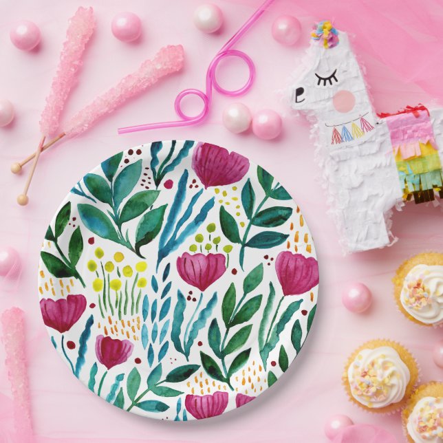 Plato De Papel Ilustracion floral botánico (Fiesta)