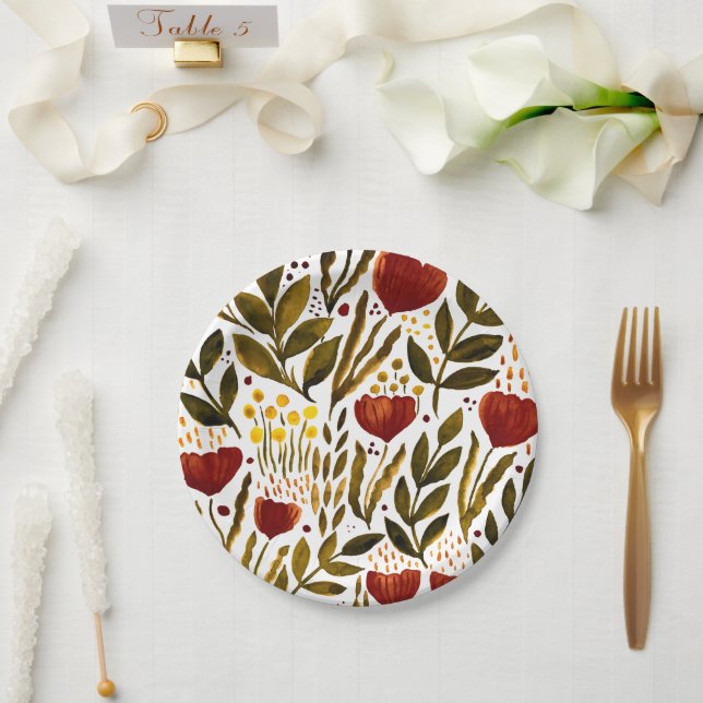 Plato De Papel Ilustracion floral botánico naranja quemado (Boda)