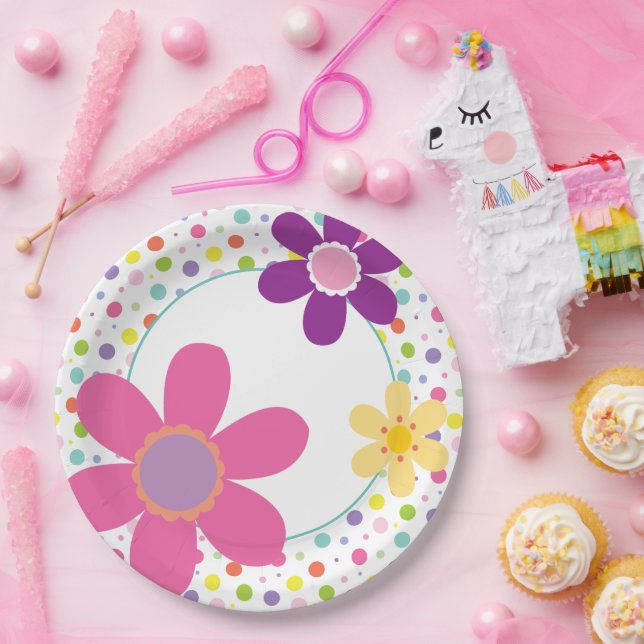 Plato De Papel Ilustracion floral de verano de margarita rosa (Fiesta)