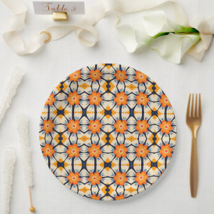 Plato De Papel Ilustración floral retro en negrita en naranja
