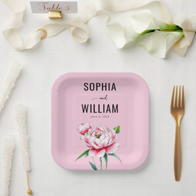 Plato De Papel Ilustración floral rosa romántica (Boda)
