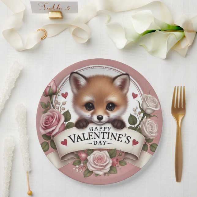 Plato De Papel Ilustracion Fox adorable con Rosas (Boda)