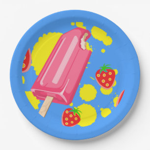 Plato De Papel Ilustracion Fun Popsicle Rosa y Strawberries