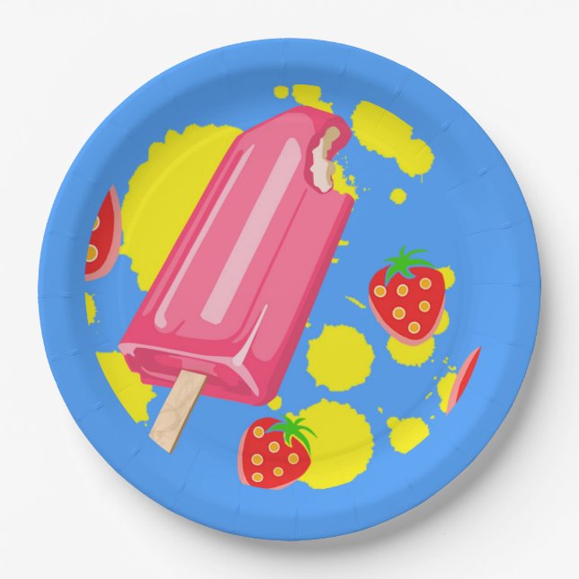 Plato De Papel Ilustracion Fun Popsicle Rosa y Strawberries (Anverso)