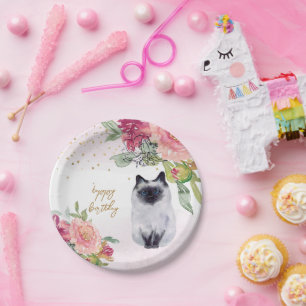 Plato De Papel Ilustracion gato siamés Fiesta feliz cumpleaños de