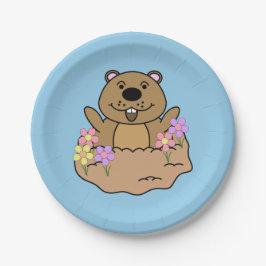 Plato De Papel Ilustracion Groundhog con flores