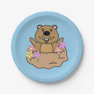 Plato De Papel Ilustracion Groundhog con flores
