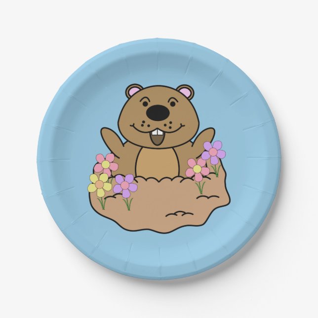 Plato De Papel Ilustracion Groundhog con flores (Anverso)