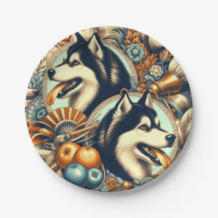 Plato De Papel Ilustracion Husky retro siberiano