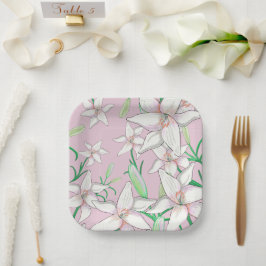 Plato De Papel Ilustracion Lilies Blancos Rosa