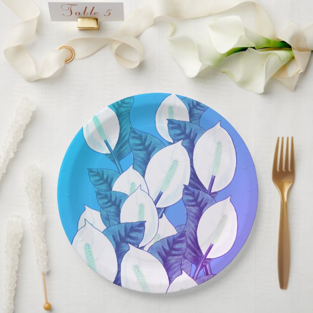 Plato De Papel Ilustracion Lirio de Paz Blanca Púrpura Azul Pálid (Boda)