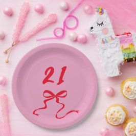 Plato De Papel Ilustracion moderno rojo rosado de cumpleaños 21