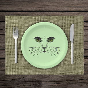 Plato De Papel ilustracion negro de gatos frente a los ojos verde