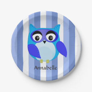 Plato De Papel Ilustracion personalizado de niños de búho azul