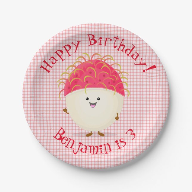 Plato De Papel Ilustracion personalizado de rambután rosa suave (Anverso)