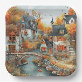 Plato De Papel Ilustracion Puente de la Aldea Otoño