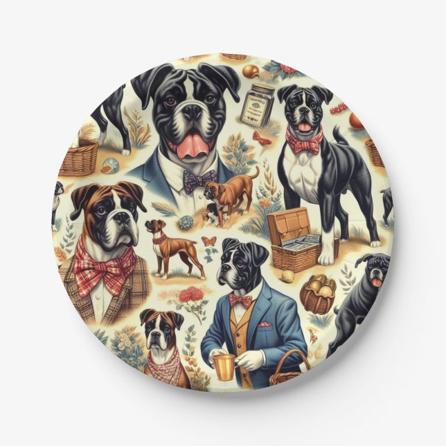 Plato De Papel Ilustracion retro boxer de perro (Anverso)