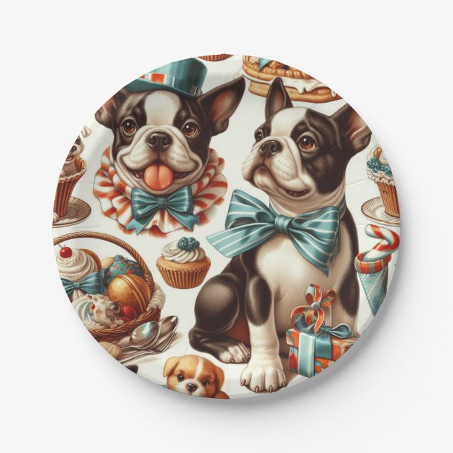 Plato De Papel Ilustracion Retro Cute Boston Terrier (Anverso)