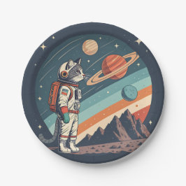 Plato De Papel Ilustración Retro de Gato Astronauta Espacio Cósmi