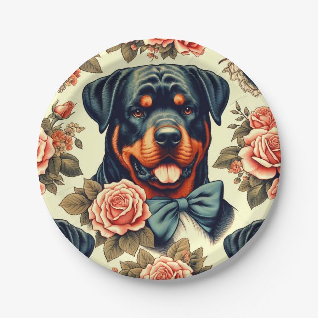 Plato De Papel Ilustracion Retro Rottweiler (Anverso)
