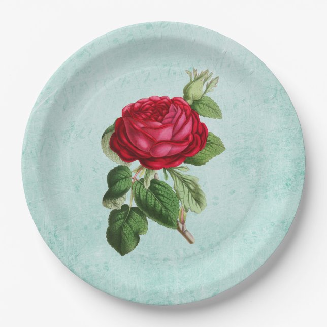 Plato De Papel Ilustracion Romántico Elegante de Rosa Rojo (Anverso)