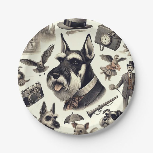 Plato De Papel Ilustracion Schnauzer de época (Anverso)