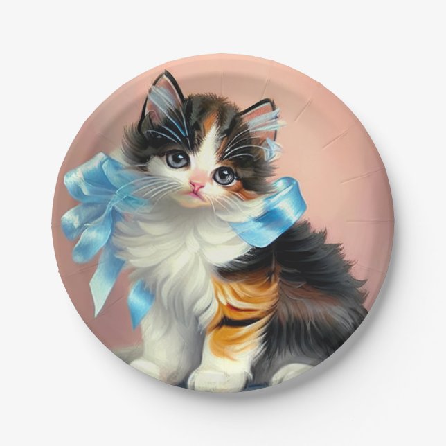 Plato De Papel Ilustracion Vintage Calico Kitten (Anverso)