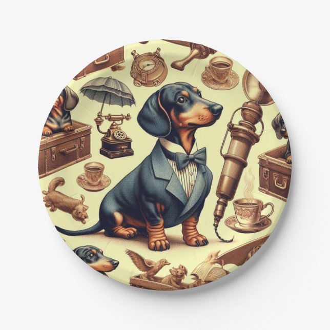 Plato De Papel Ilustracion Vintage Dachshund (Anverso)
