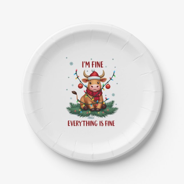 Plato De Papel I'm Fine Everything is Fine Christmas Highland Cow (Anverso)