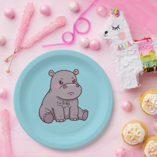 Plato De Papel "I'm fussy." Cute, Cartoon Hippo, Pouting (Fiesta)